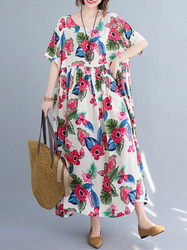Artistic Retro Loose Floral Printed Pleated Round-Neck Half Sleeves Midi Dress