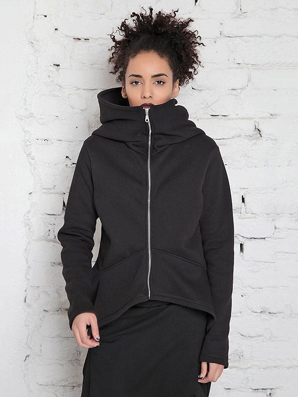 Original Solid Color Zipper High-Neck Hooded Long Sleeves Outwear