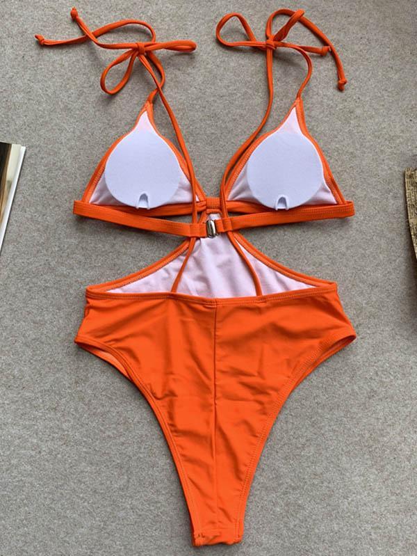 Solid Color Hollow Bandage Bikini Swimsuit