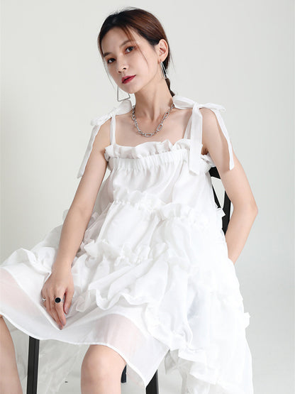 Stylish Cropped Pleated Split-Joint Bandage Spaghetti-Neck Midi Dress