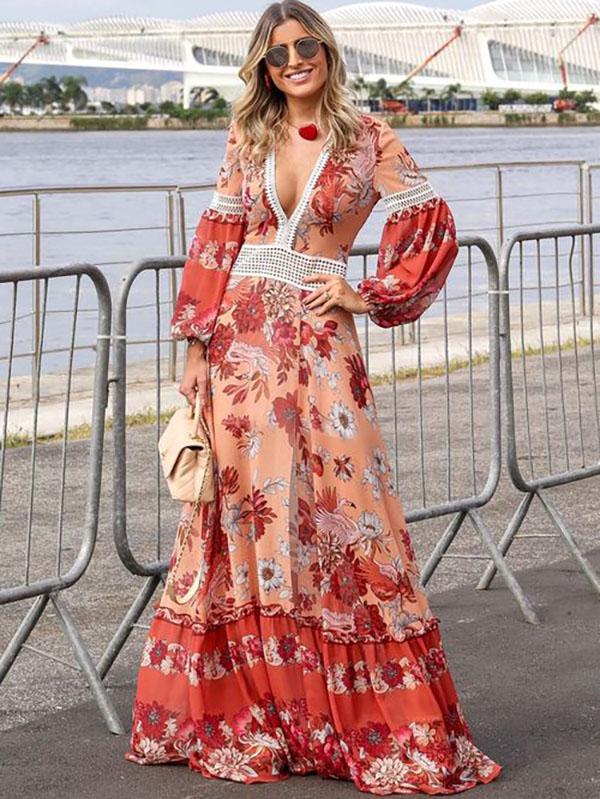 Printed Split-joint Puff Sleeves Maxi Dress