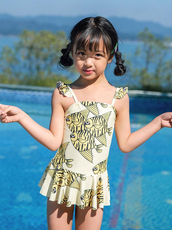 AONIHUA Fish Printed Lovely Ruffled Dress Swimwear