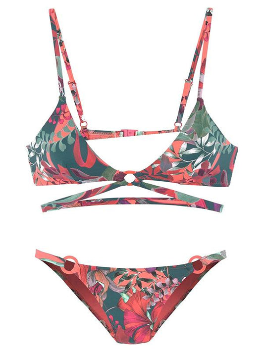 Vintage Strap Printing Split Type Bikini Swimsuit
