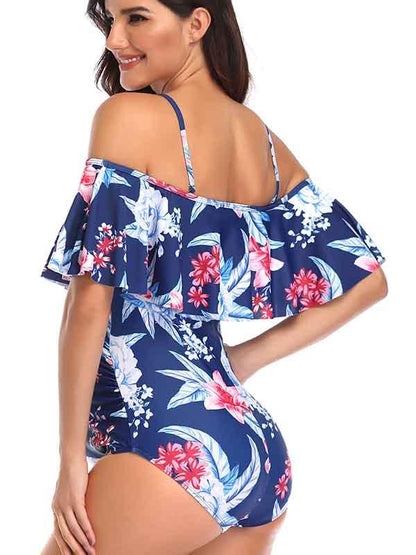 Cold Shoulder Floral Flounce Maternity One Piece Swimsuit