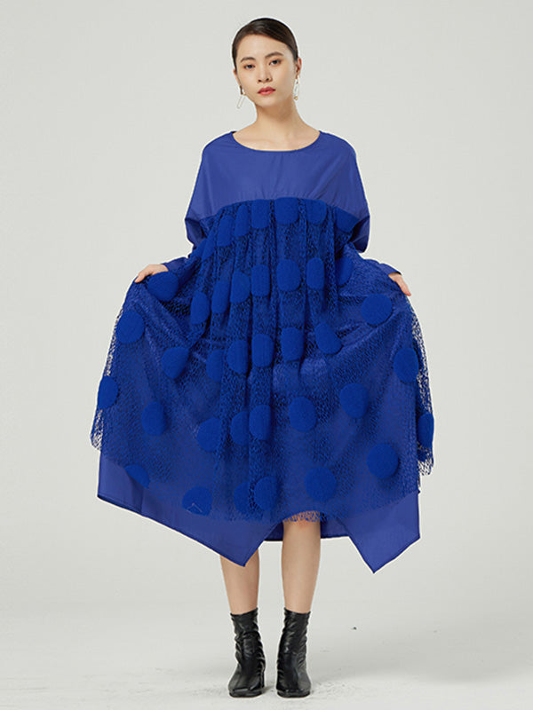 Original Split-Joint Round-Neck Long Sleeves Lace Midi Dress