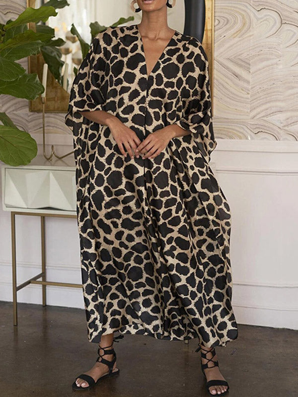 Loose Leopard Half Sleeves V-Neck Maxi Dress