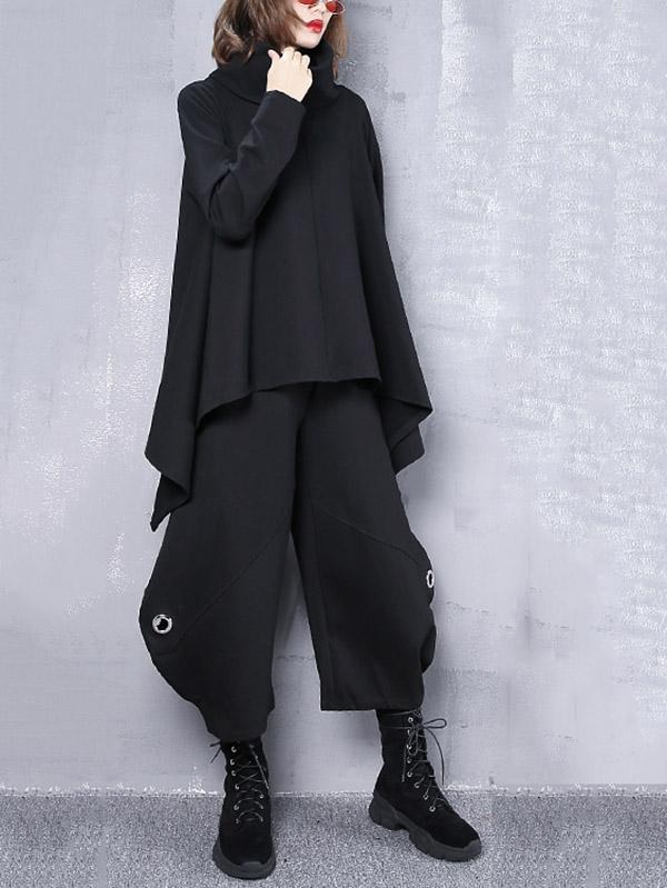 Black Loose Hollow High-waist Casual Pants
