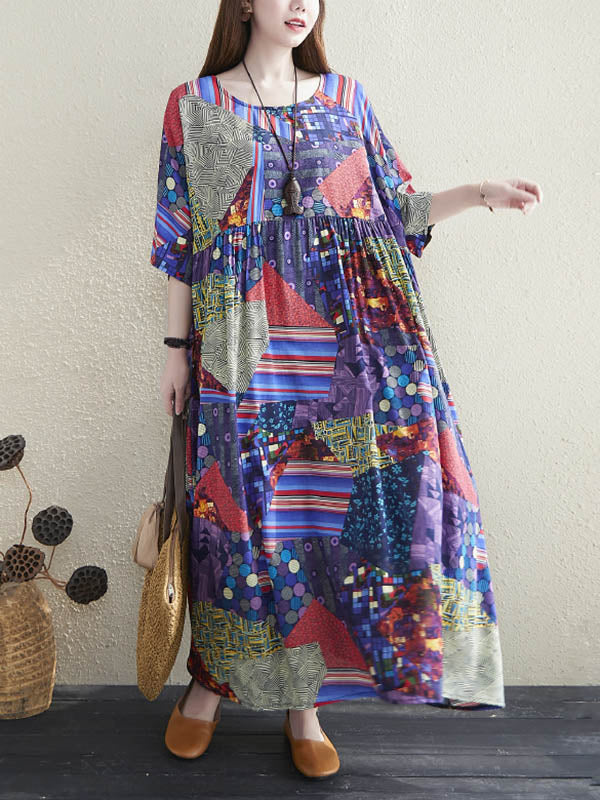 Loose Floral Printed Pleated Round-Neck Half Sleeves Midi Dress