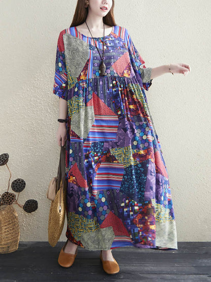 Loose Floral Printed Pleated Round-Neck Half Sleeves Midi Dress