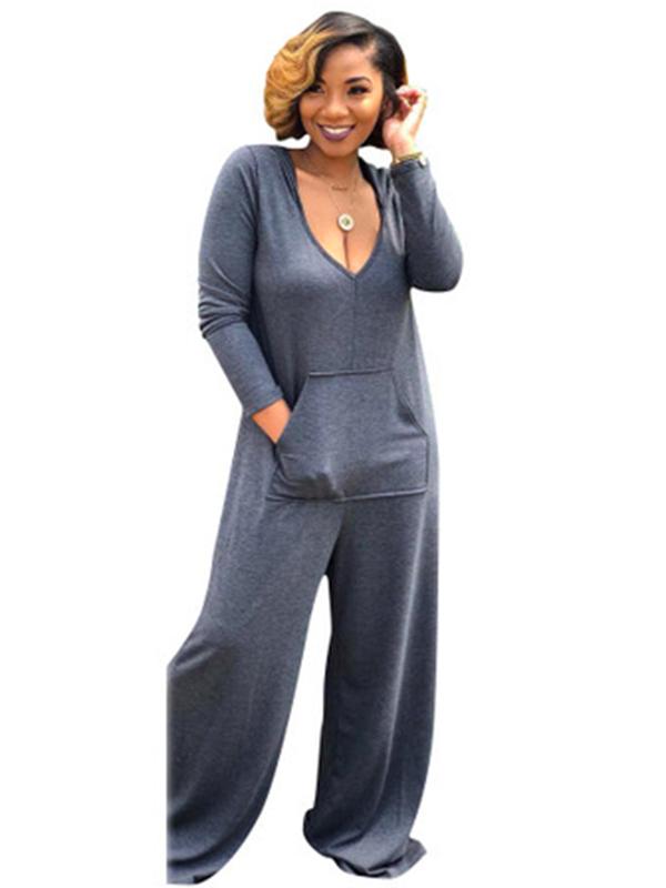 Loose Solid Pocket Hoodie Wide Leg Jumpsuits