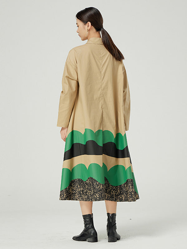 Original Buttoned Contrast Color Lapel Long Sleeves Midi Dress