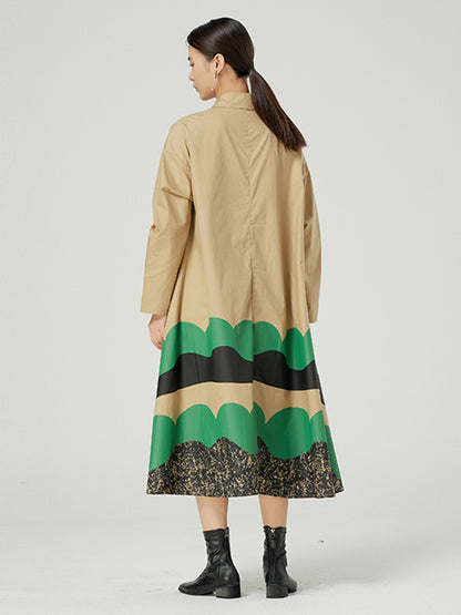 Original Buttoned Contrast Color Lapel Long Sleeves Midi Dress