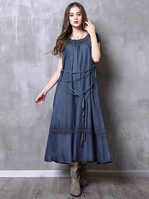 Simple Strap Loose Denim Midi Dresses