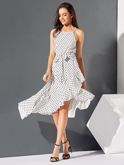 Polka-Dot  Printed  Irregular Hem  Sleeveless Midi Dress