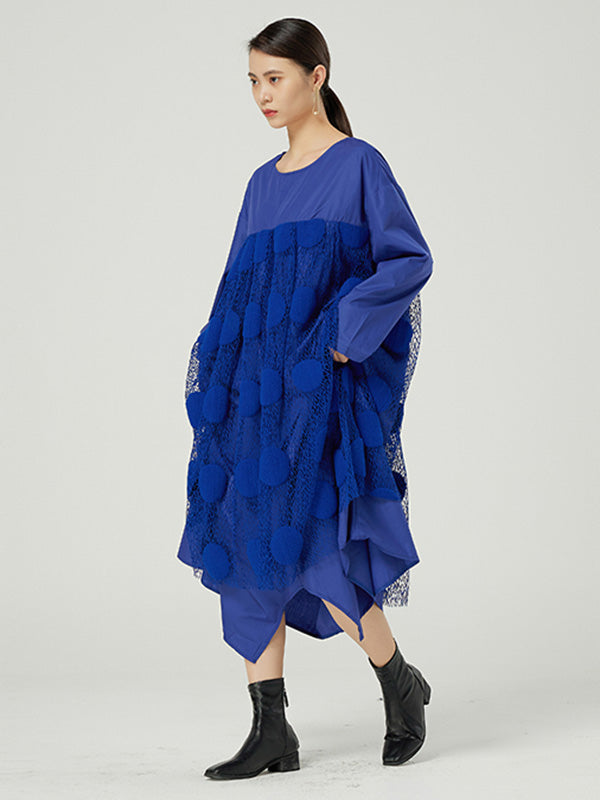 Original Split-Joint Round-Neck Long Sleeves Lace Midi Dress