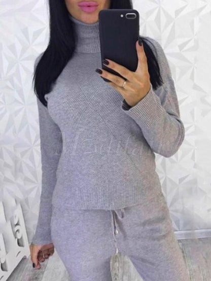 High-neck Rhombic Knitting Sweater and Pants Suits