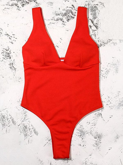 Solid Color V-Neck One-Piece Swimwear