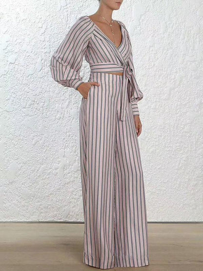 Fashion V-Neck Striped Puff Sleeves T-shirt And Wide Leg Pants Suits