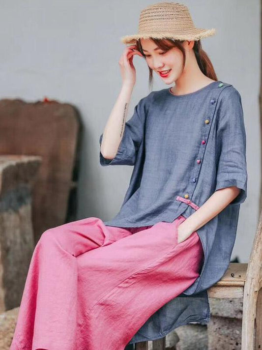 Vintage Solid Color Cropped Button T-Shirt