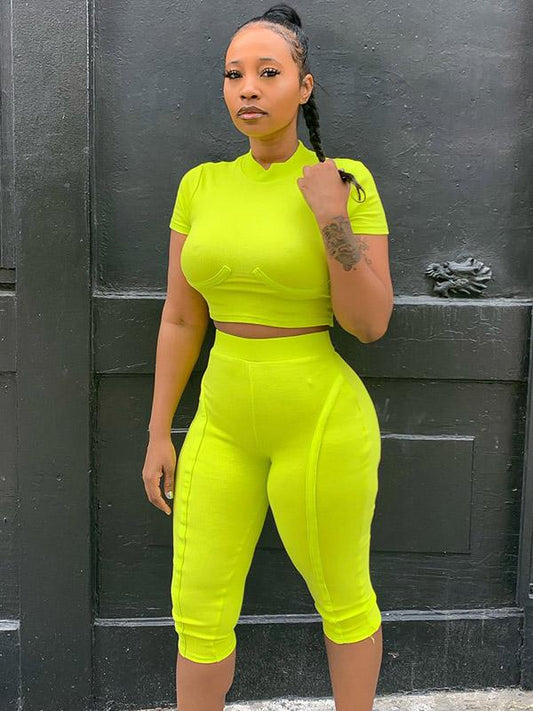 Solid High-neck Tops Wrap Shorts Sports Suits