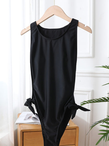 Solid Color Bandage Belly-Hollow One-Piece Swimwear