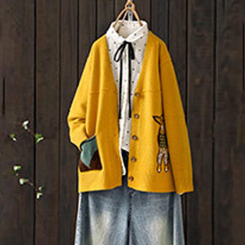 Buykud Cartoon Animal Embroidery Casual Sweater Coat