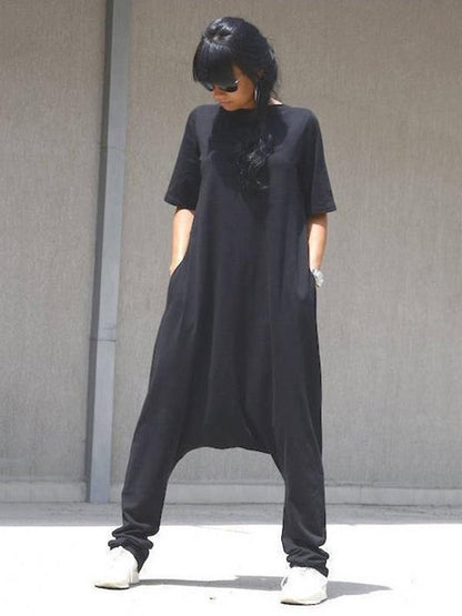 Simple Black Short Sleeves V-neck Jumpsuits