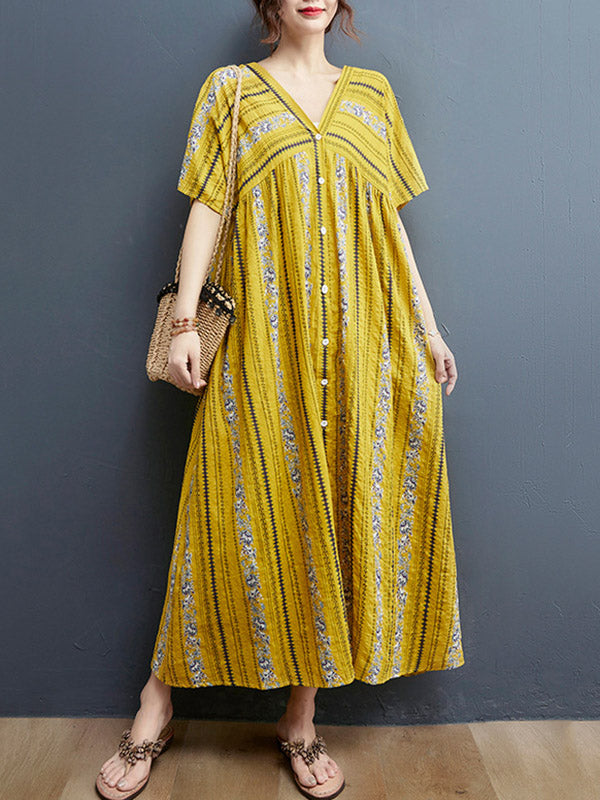 Floral Printed Casual V-Neck Buttoned Midi Dress