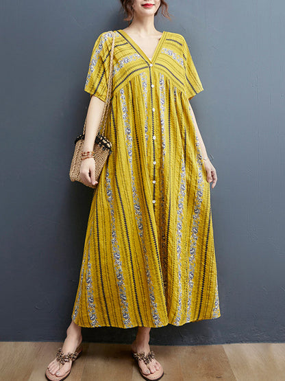 Floral Printed Casual V-Neck Buttoned Midi Dress