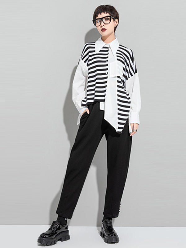 Stylish Asymmetric Split-Joint Striped High-Low Irregular Clipping Split-Back Blouse