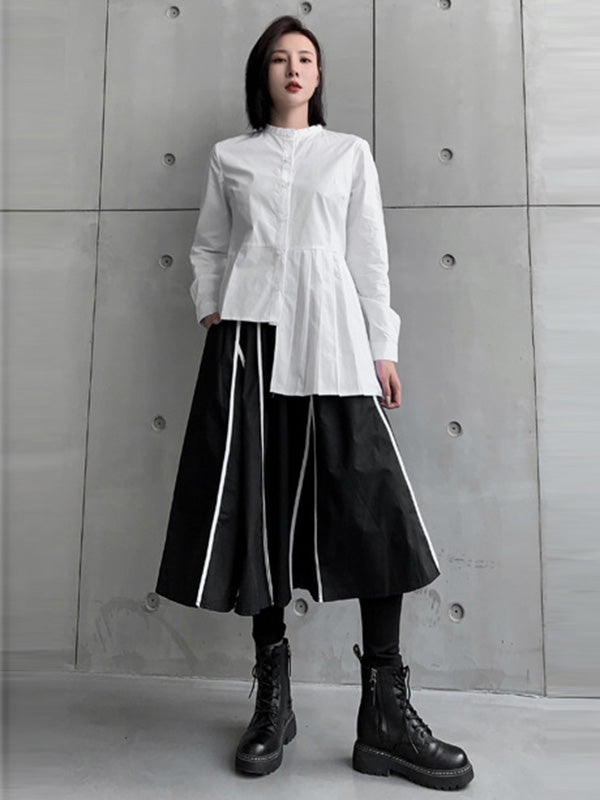 Stylish Irregular Solid Color Split-Joint Pleated Buttoned Stand Collar Long Sleeves Blouse