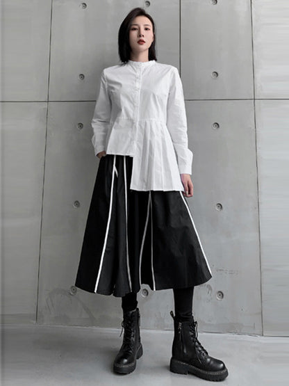 Stylish Irregular Solid Color Split-Joint Pleated Buttoned Stand Collar Long Sleeves Blouse