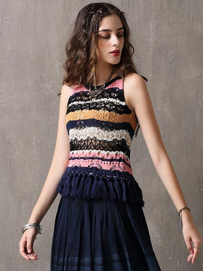 Striped Tasseled Kintwear Sleevesless Shirt