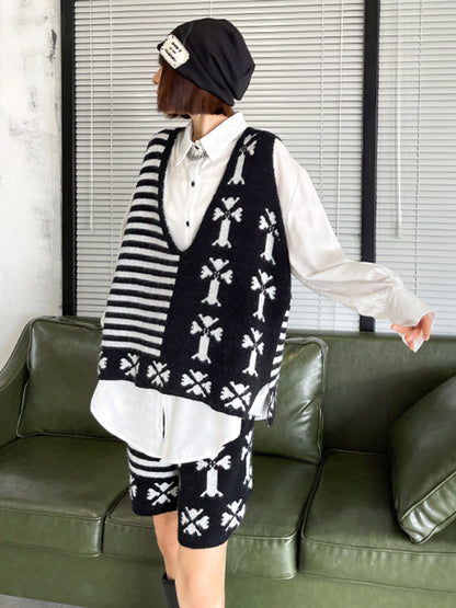 Fashion Printed Knitting  Vest & Shorts Separately 2 Pieces Set