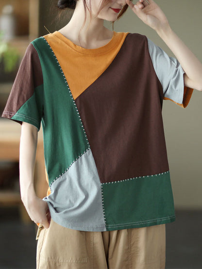 Cotton Blend Round-Neck Contrast Color T-Shirts Tops