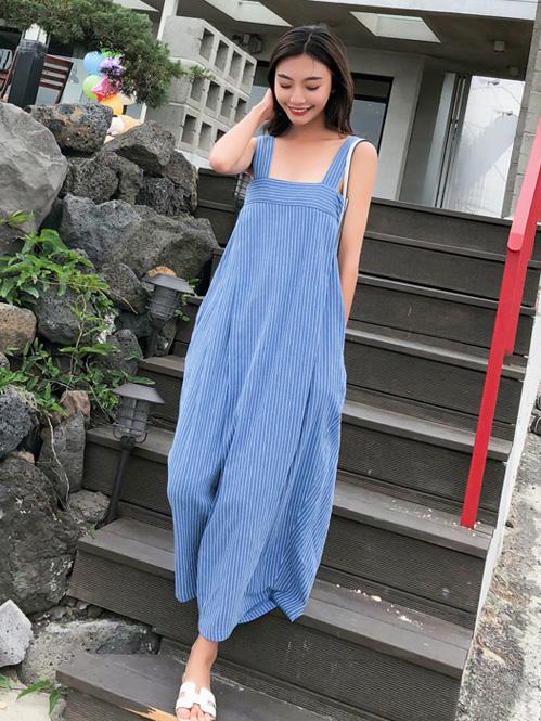 Blue Striped Sleeveless Wide Leg Jumpsuits