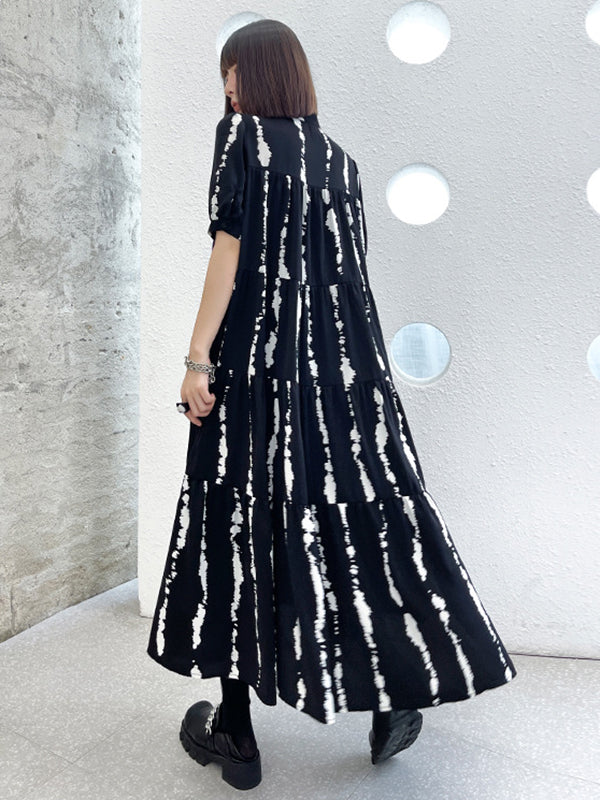 Vintage A-Line Printed Black Midi Dress