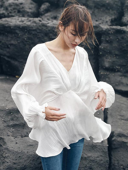V-neck Chiffon Puff Sleeves Loose Shirt Top