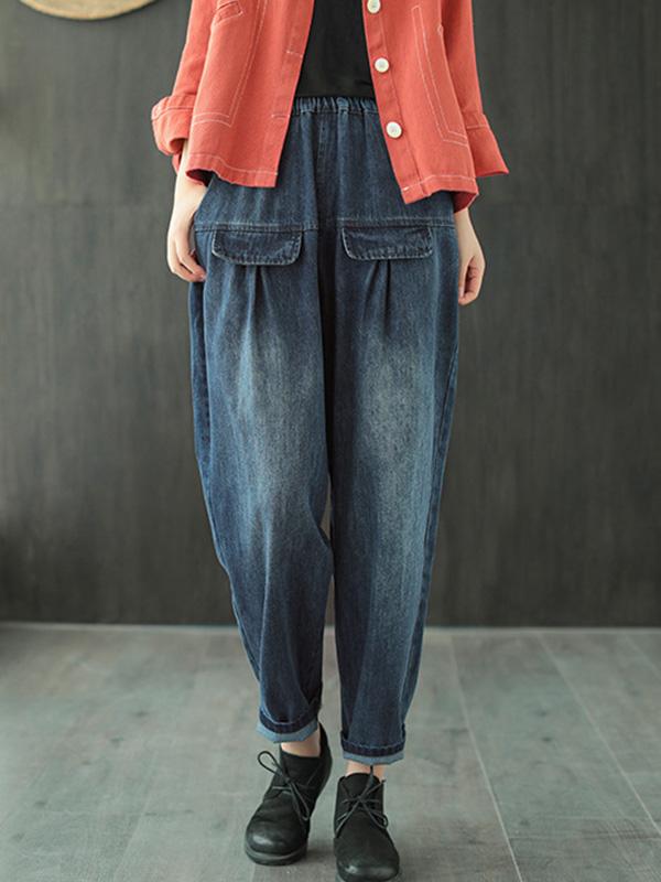 Leisure Solid Denim Puff Pants Bottoms