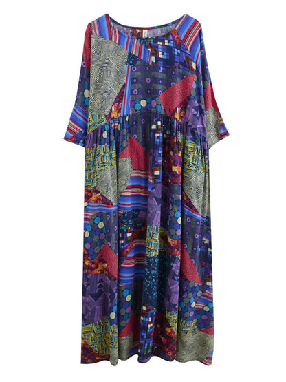 Loose Floral Printed Pleated Round-Neck Half Sleeves Midi Dress