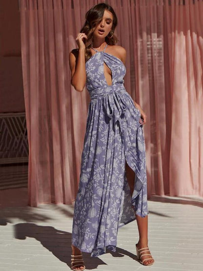 Printed Sexy Open-back Maxi Dress