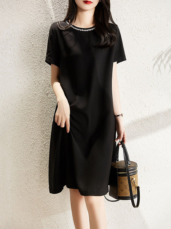 Simple Solid Color H-Line Back-Zipper Round-Neck Midi Dress