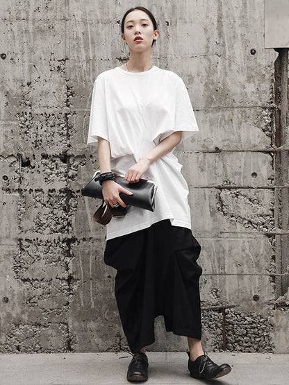 Simple Solid Color Asymmetric Pleated Short Sleeves Round-Neck T-Shirt