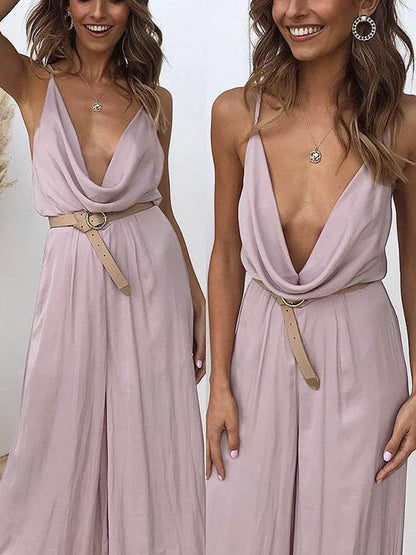V-neck Backless Loose Solid Bohemia Jumpsuits