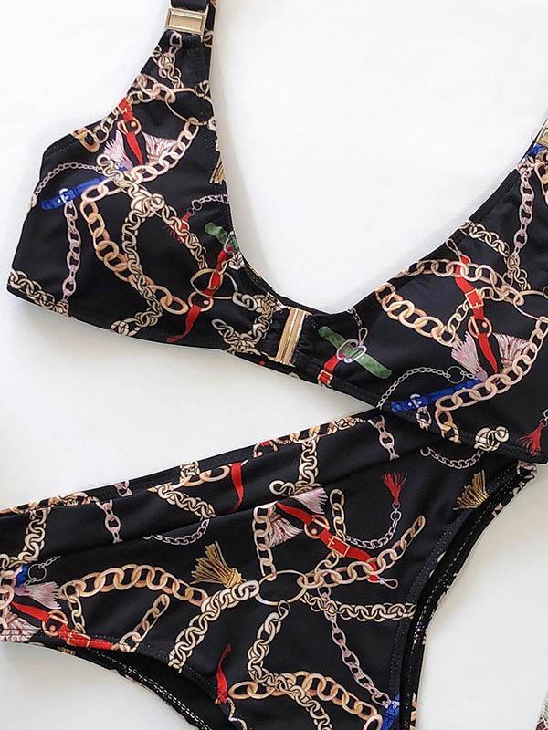 Floral-Print Triangle Split Bikini Swimsuit