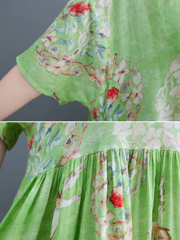 Loose Artistic Loose Floral Printed Pleated Midi Dress