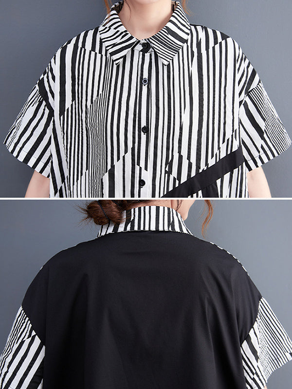 Artistic Retro Loose Striped Contrast Color Midi Shirt Dress