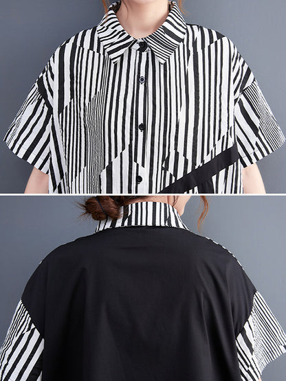 Artistic Retro Loose Striped Contrast Color Midi Shirt Dress