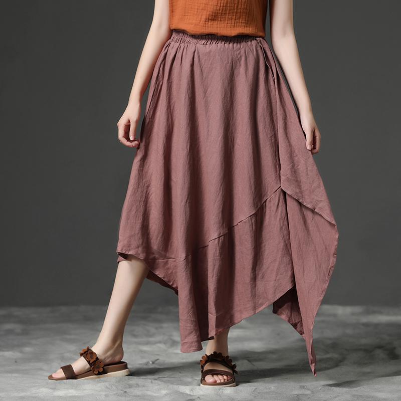 Casual Red Irregular Hem Linen Women Skirt