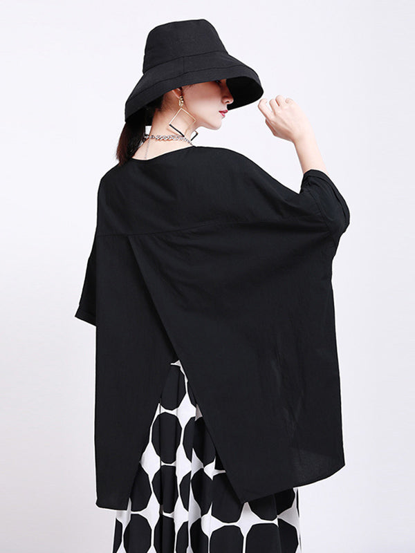 Casual Split-Back Split-Joint With Pocket Solid Color Round-Neck Half Sleeves T-Shirt